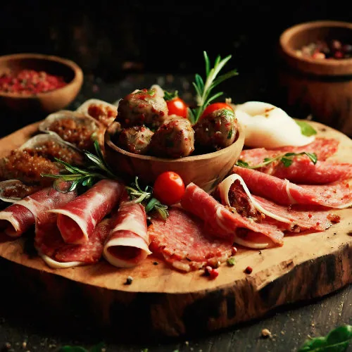 Tagliere di salumi, polpette di carne, crostini e pomodorini con rosmarino